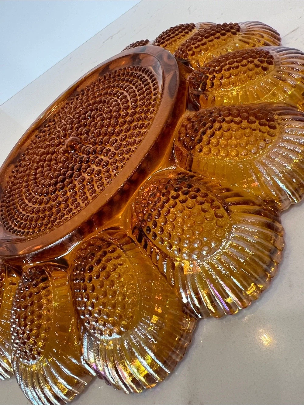 Vintage Indiana Glass Carnival Glass Deviled Egg Platter Plate Amber Hobnail 11”